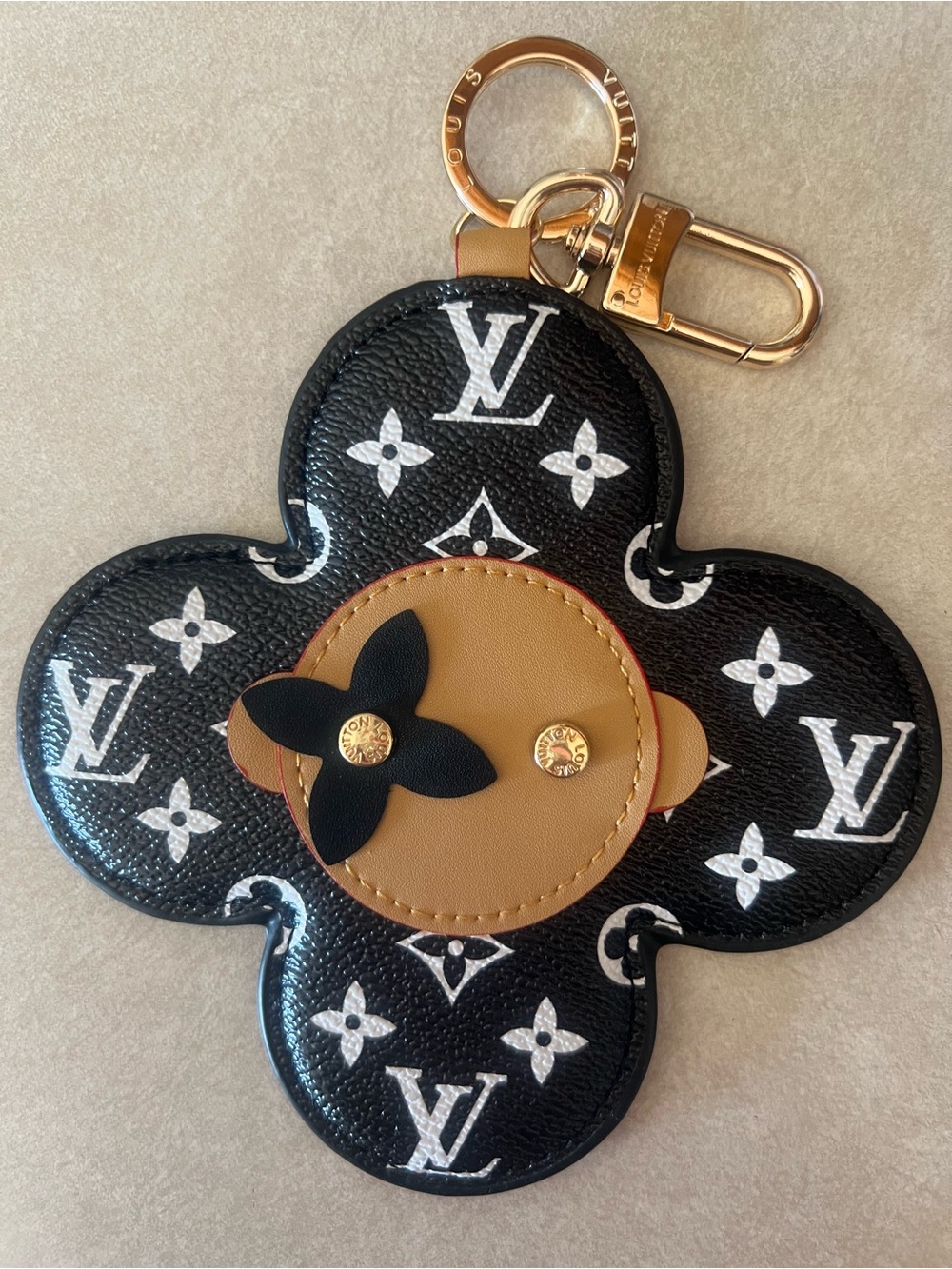 Luxury Black Monogram Flower Key & Card Holder with Tan Accent